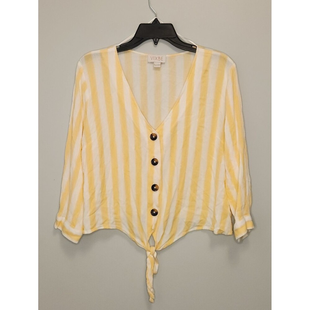 Vixbe Yellow Stripe Tie-Front Button Top Size Large